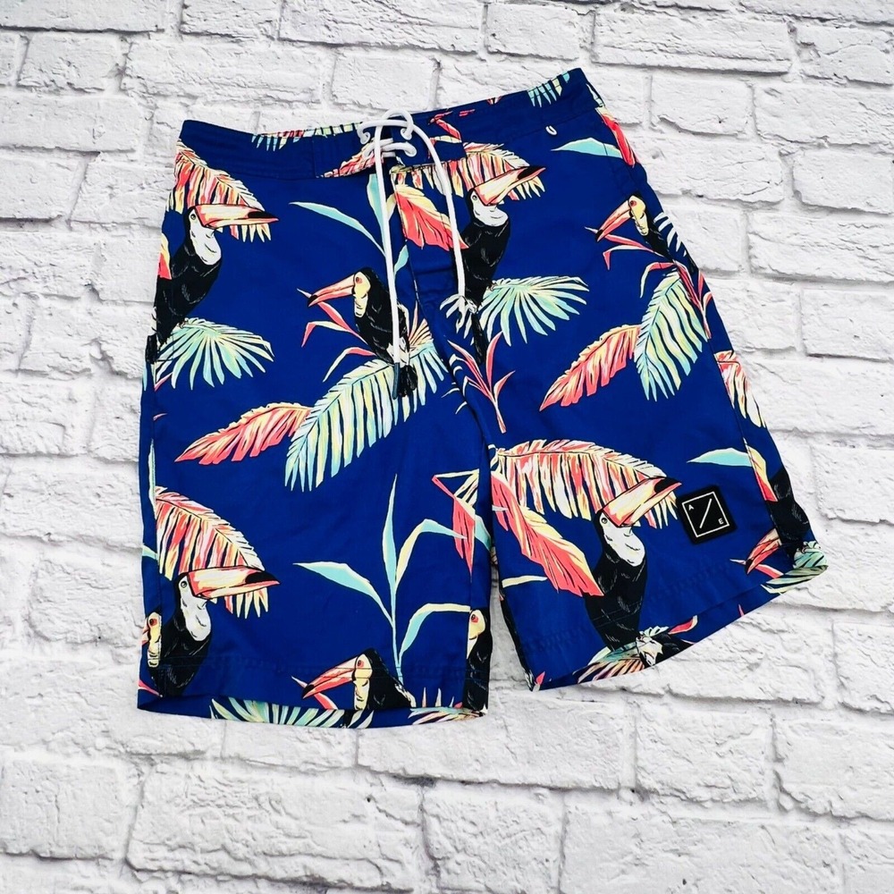 American Eagle Swim Board Shorts Small Blue Toucan Palm Leaves Drawstring Beach